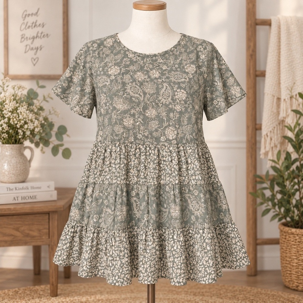 Paper Crane Sage Green Floral Paisley Tiered Babydoll Tunic Top Medium